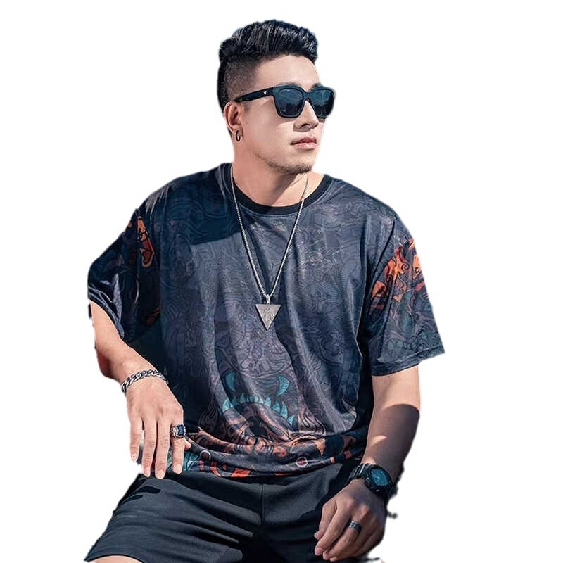 Muško T‑shirt velikih veličina, američki stil, gradijent boja, okrugli izrez, Ice Silk brzo sušenje, slobodan kroj, kratki rukavi, ljeto 2025