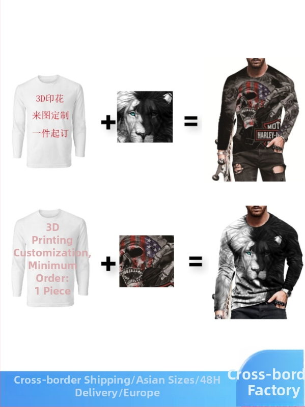 Férfi hosszú ujjú póló logóval, 3D digitális nyomtatással, kerek nyakú, mintás karikatúra, sportos mindennapi viselet.