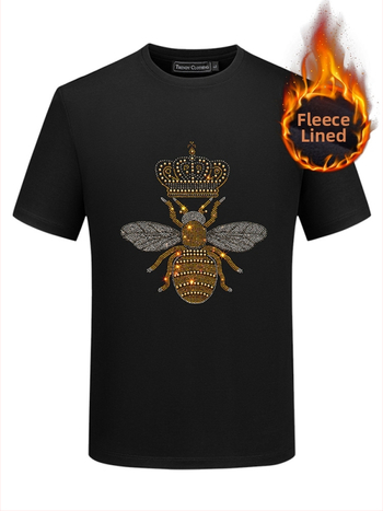Férfi rövid ujjú póló köves méhecske mintával, fleece-szel bélelt téli felső, streetwear stílus.