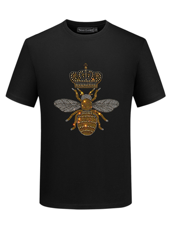 Férfi rövid ujjú póló köves méhecske mintával, fleece-szel bélelt téli felső, streetwear stílus.