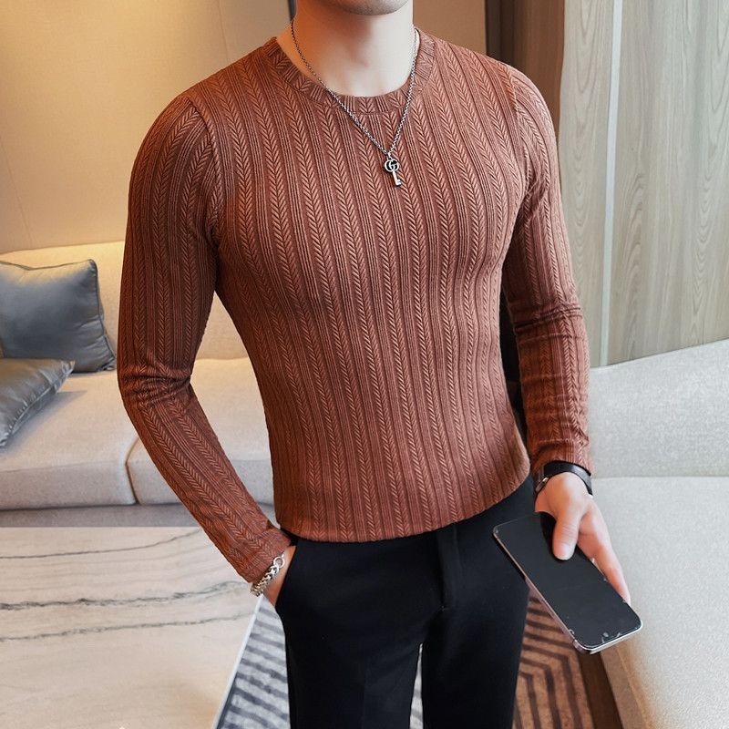 Muška majica s dugim rukavima, jacquard uzorak, okrugli izrez, korejski stil, premium osnovna majica