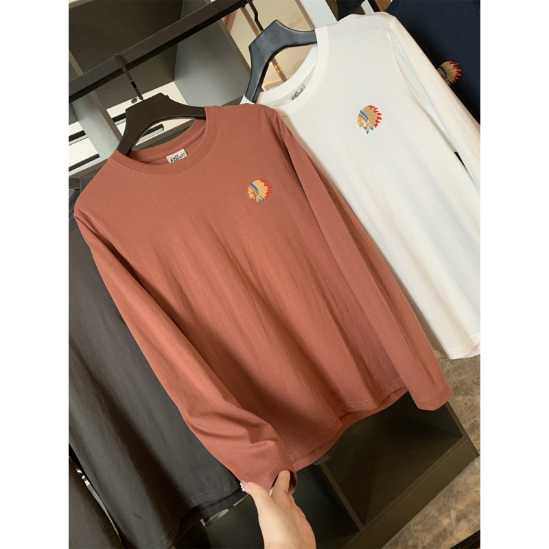 Amekaji! Muški basic dugi rukav T‑shirt s izvezenim motivom, okrugli izrez, mekan na dodir, jesen 2023