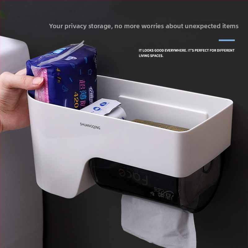Nástenný zásobník na toaletný papier a krabičku, vodotesný, bez vŕtania, minimalistický dizajn, priehľadný plast