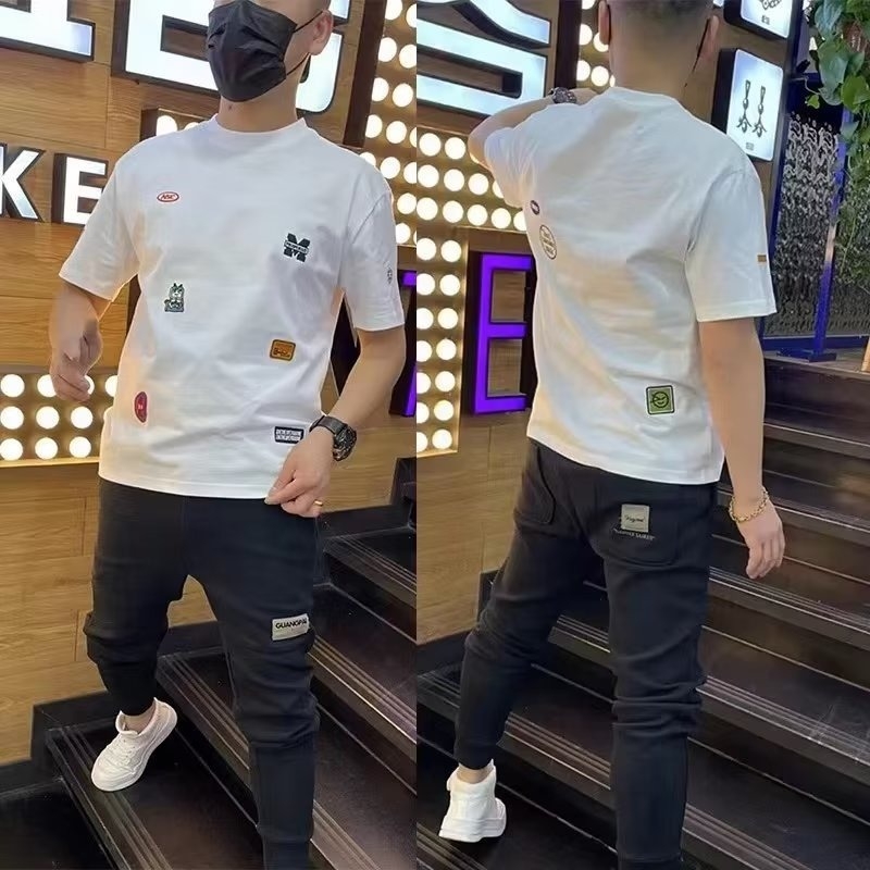 Muška pamučna kratkih rukava majica s geometrijskim printom, okrugli izrez, slim fit, ljeto 2026