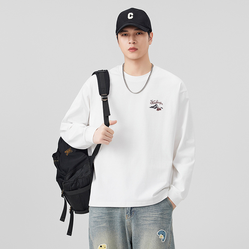 Férfi hosszú ujjú pamut póló, 100% pamut, 305 g súly, amerikai stílus, lazán szabott, retro trend, tavasz 2026
