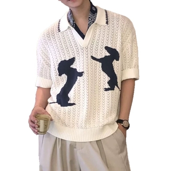 Férfi kötött polo felső, rövid ujjú, V-nyak, csíkos minta, vékony, légáteresztő ice-silk anyag, slim fit, nyárra.