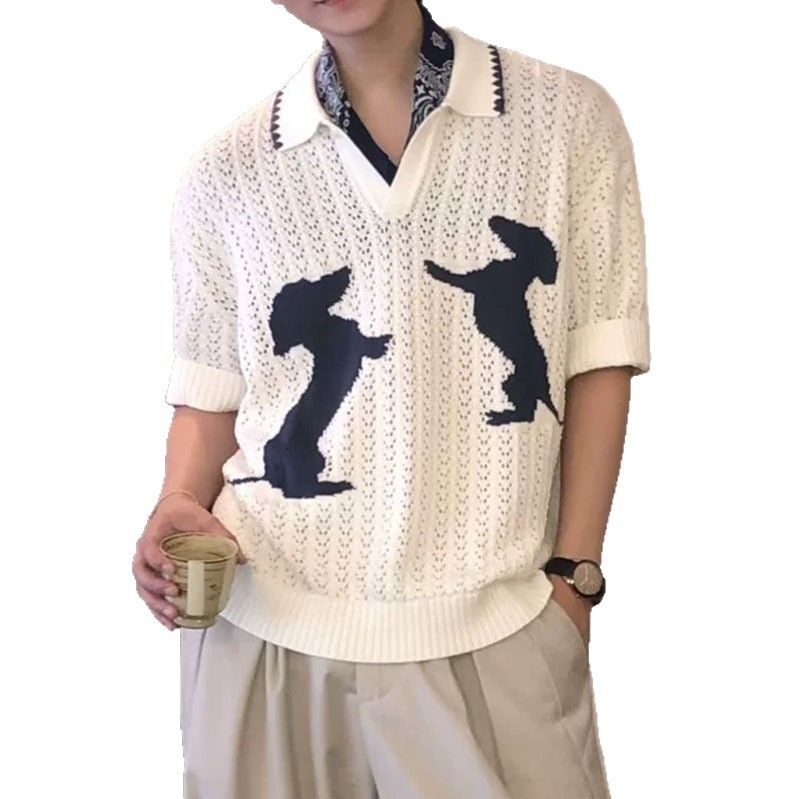 Férfi kötött polo felső, rövid ujjú, V-nyak, csíkos minta, vékony, légáteresztő ice-silk anyag, slim fit, nyárra.