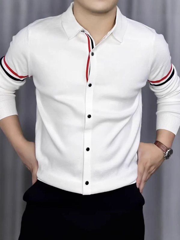 Proljetno muško majica s prugama i blokom boja, ovratnik s klopom, slim fit, poslovni stil, dugi rukav