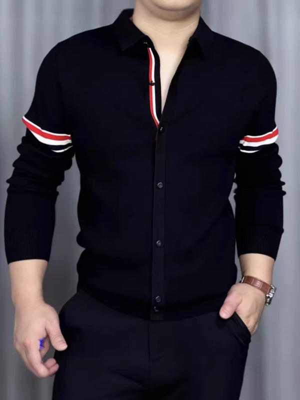Proljetno muško majica s prugama i blokom boja, ovratnik s klopom, slim fit, poslovni stil, dugi rukav