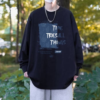 Muška majica s dugim rukavima od 100% pamuka, velika veličina, opušten kroj, tisk s tekstom i geometrijskim dizajnom, streetwear stil, okrugli izrez, proljeće i jesen