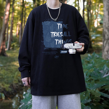 Muška majica s dugim rukavima od 100% pamuka, velika veličina, opušten kroj, tisk s tekstom i geometrijskim dizajnom, streetwear stil, okrugli izrez, proljeće i jesen