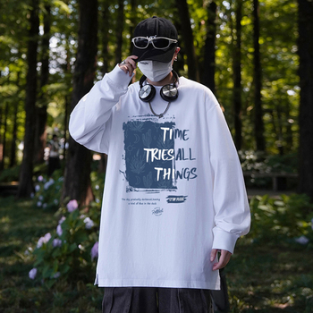 Muška majica s dugim rukavima od 100% pamuka, velika veličina, opušten kroj, tisk s tekstom i geometrijskim dizajnom, streetwear stil, okrugli izrez, proljeće i jesen