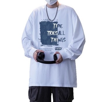 Muška majica s dugim rukavima od 100% pamuka, velika veličina, opušten kroj, tisk s tekstom i geometrijskim dizajnom, streetwear stil, okrugli izrez, proljeće i jesen