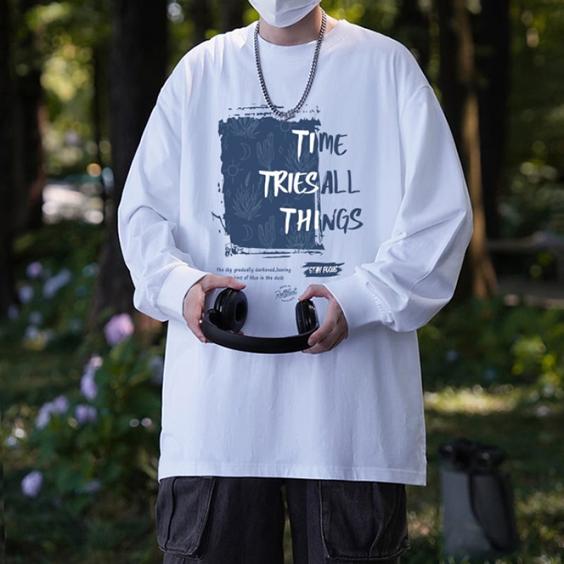 Muška majica s dugim rukavima od 100% pamuka, velika veličina, opušten kroj, tisk s tekstom i geometrijskim dizajnom, streetwear stil, okrugli izrez, proljeće i jesen
