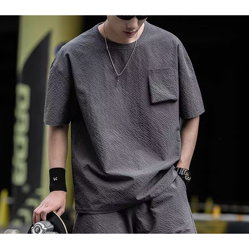 Férfi rövid ujjú póló ice-silk bubble gauze anyagból, nyár, napvédelmi, gyorsan száradó, kerek nyakú, laza szabás, zsebbel