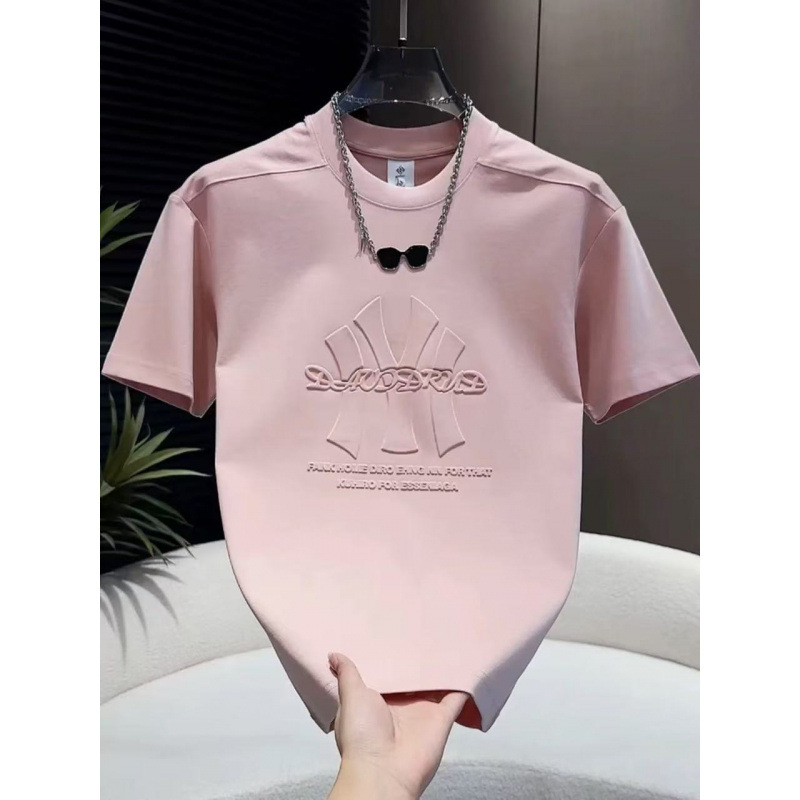 Tricou bărbătesc de vară, lejer, guler rotund, mâneci scurte, cu litere embossate și imprimeu geometric