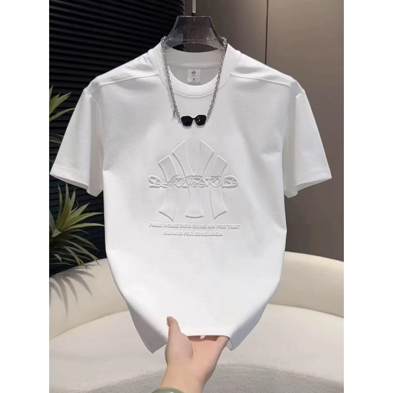 Tricou bărbătesc de vară, lejer, guler rotund, mâneci scurte, cu litere embossate și imprimeu geometric