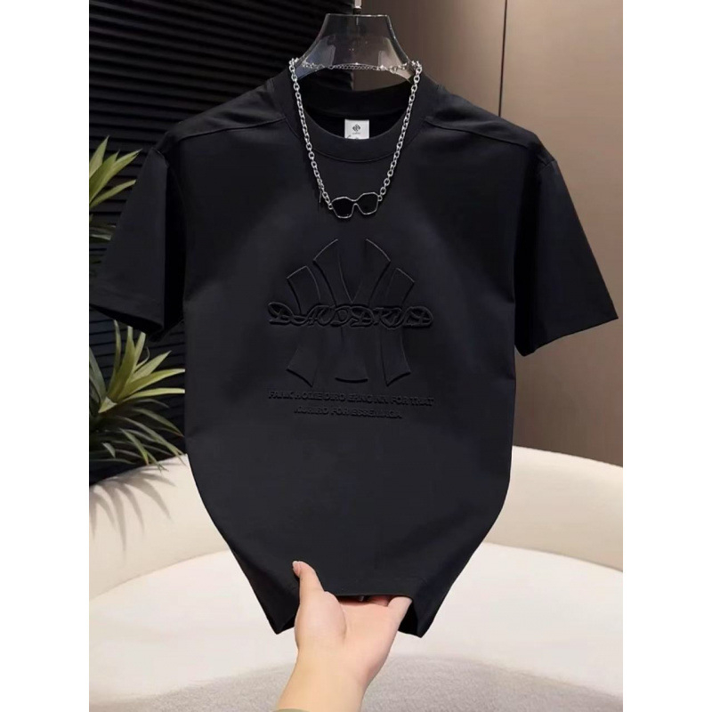 Tricou bărbătesc de vară, lejer, guler rotund, mâneci scurte, cu litere embossate și imprimeu geometric