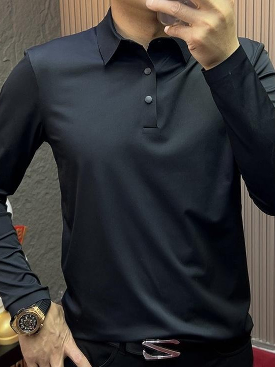 Muško polo s dugim rukavima, slim fit, jednostavna crna, jesen 2025