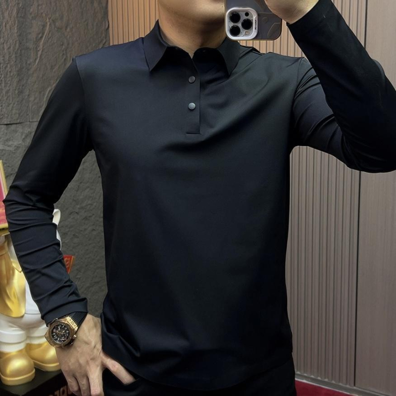 Muško polo s dugim rukavima, slim fit, jednostavna crna, jesen 2025