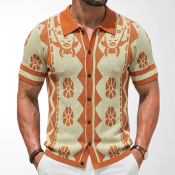 Férfi nyári rövid ujjú kötött kardigán polo stílusú jacquard etnikus mintával