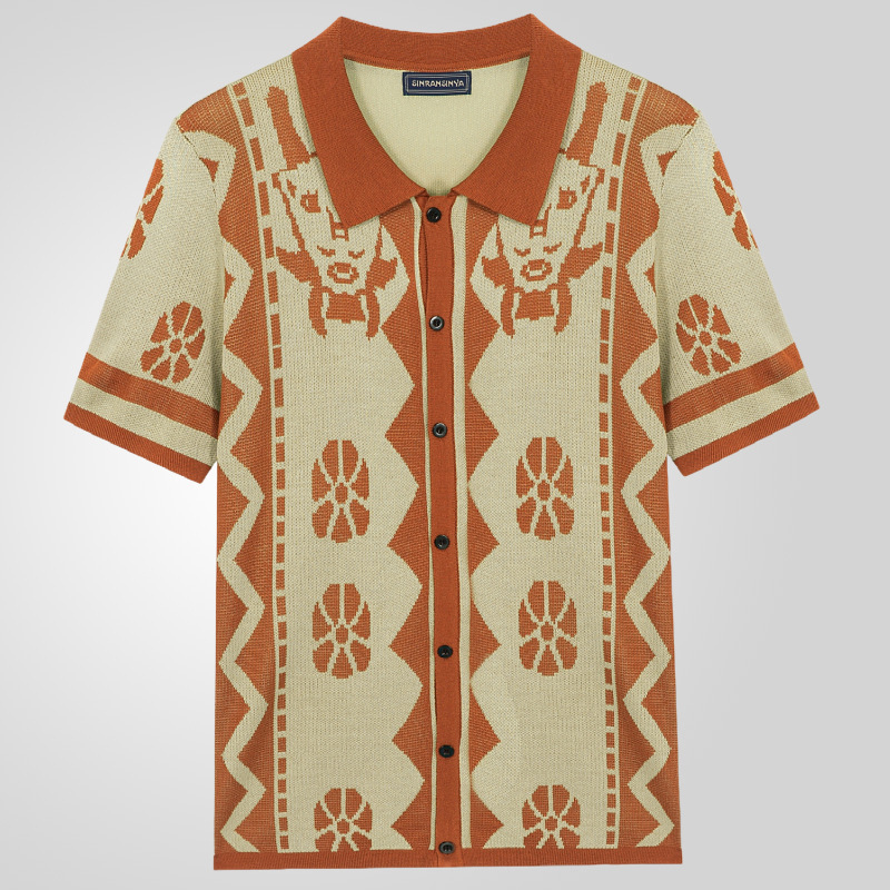 Férfi nyári rövid ujjú kötött kardigán polo stílusú jacquard etnikus mintával