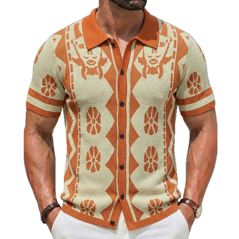 Férfi nyári rövid ujjú kötött kardigán polo stílusú jacquard etnikus mintával