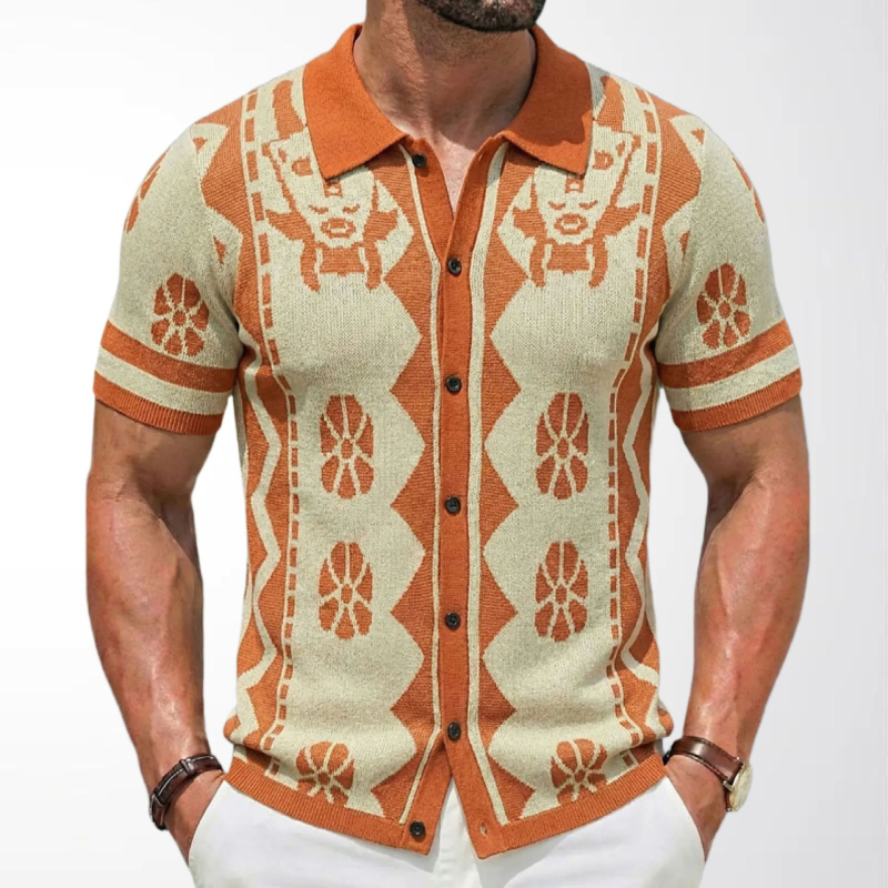 Férfi nyári rövid ujjú kötött kardigán polo stílusú jacquard etnikus mintával