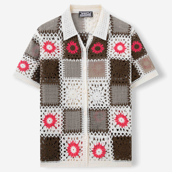 Férfi kötött polo felső, amerikai stílusú geometriai patchwork és nyitott horgolás részletekkel, rövid ujjú, SY0029