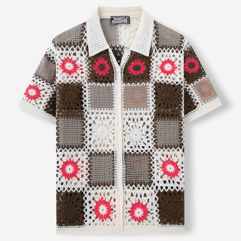 Férfi kötött polo felső, amerikai stílusú geometriai patchwork és nyitott horgolás részletekkel, rövid ujjú, SY0029