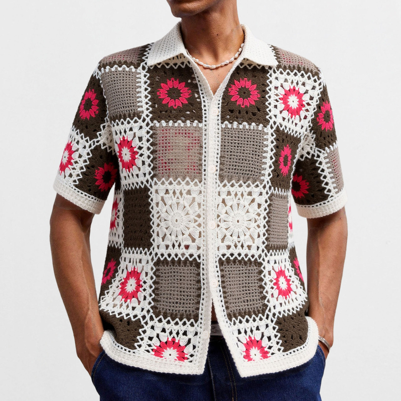 Férfi kötött polo felső, amerikai stílusú geometriai patchwork és nyitott horgolás részletekkel, rövid ujjú, SY0029