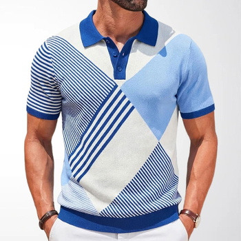 Férfi színblokkolt jacquard kötött polo felső rövid ujjú