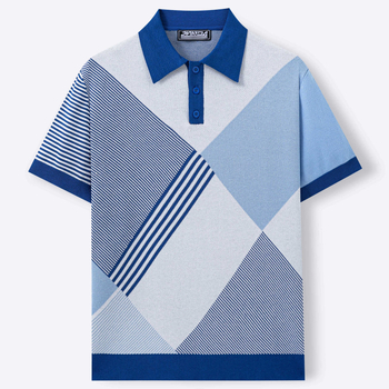 Férfi színblokkolt jacquard kötött polo felső rövid ujjú