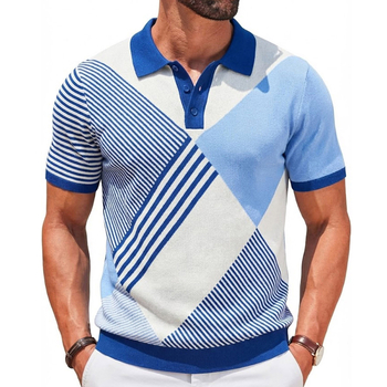 Férfi színblokkolt jacquard kötött polo felső rövid ujjú