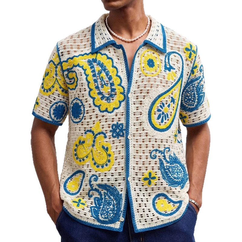 Férfiak számára készült retro etnikus stílusú horgolt mintás kivágott kardigán, nyári polo felső Sy0140