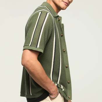 Férfi áttört kötött polo, nyári laza szabás, csíkos, Ice Silk viszkóz BK0077
