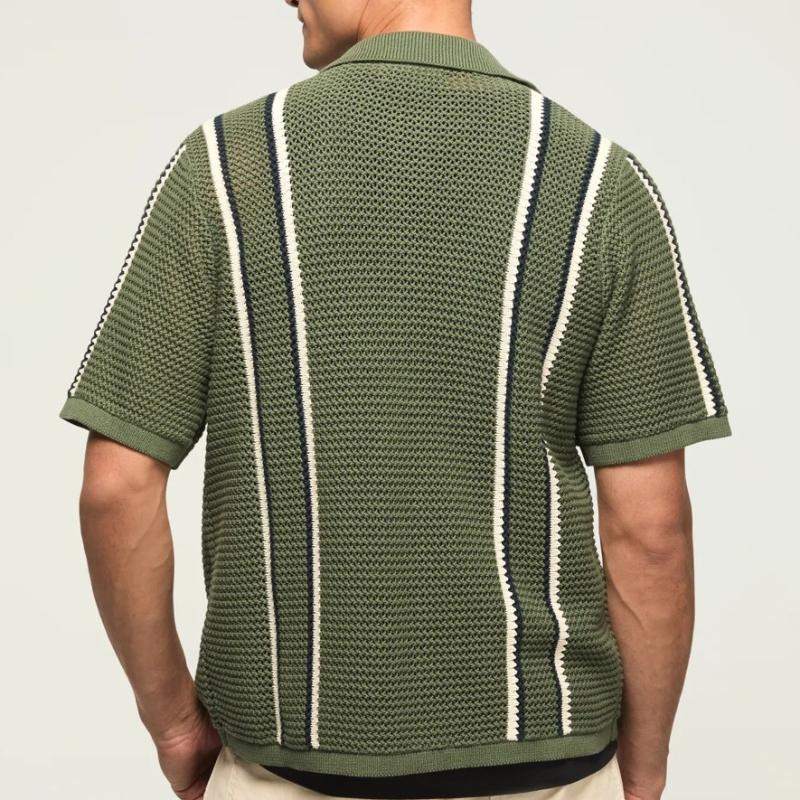 Férfi áttört kötött polo, nyári laza szabás, csíkos, Ice Silk viszkóz BK0077
