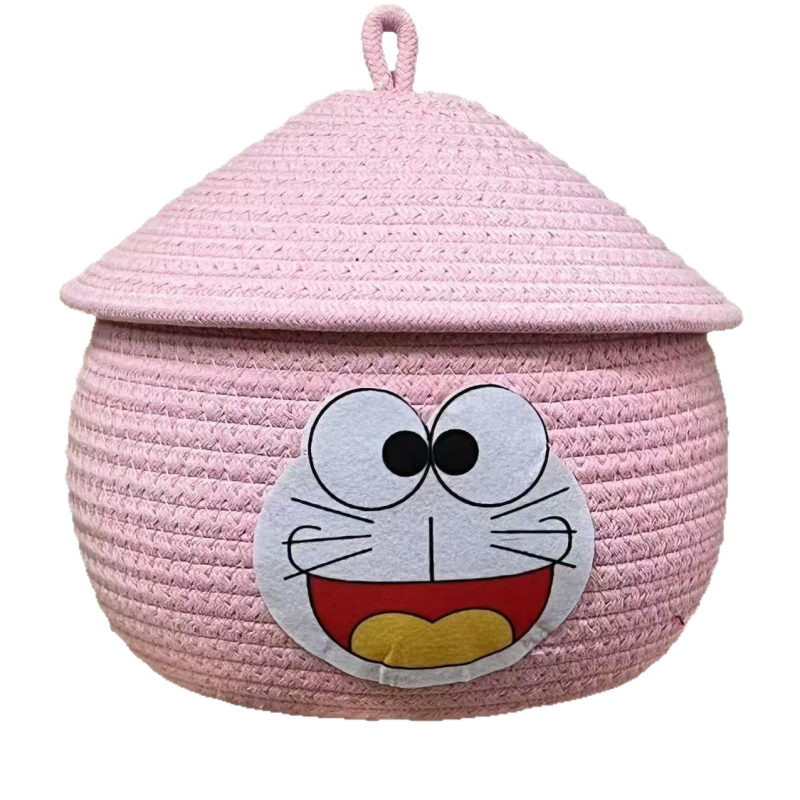 Cartoon Jingle Cat koš za pohranu od pamuk špage s poklopcem, velika kapaciteta, ručni rad, za kućnu organizaciju igračaka i grickalica