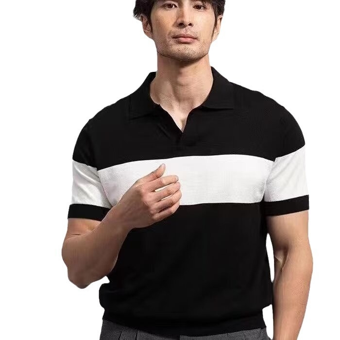 Férfi ice silk rövid ujjú kötött polo, csíkos, V-nyakkal