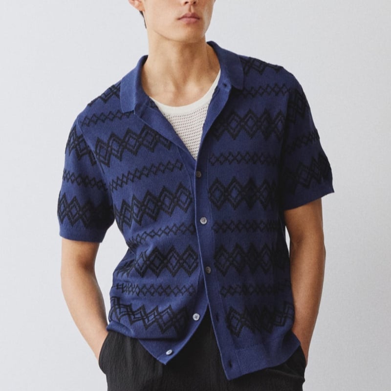 Férfi jacquard kötött polo kardigán rövid ujjú, nyári stílus BK0062