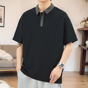 Férfi póló fél cipzárral, színblokkokkal, japán minimalist stílus, rövid ujjú, nyár, laza szabás, nagy méret, mindennapi top