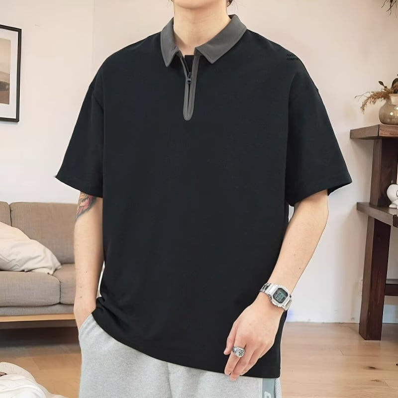 Férfi póló fél cipzárral, színblokkokkal, japán minimalist stílus, rövid ujjú, nyár, laza szabás, nagy méret, mindennapi top