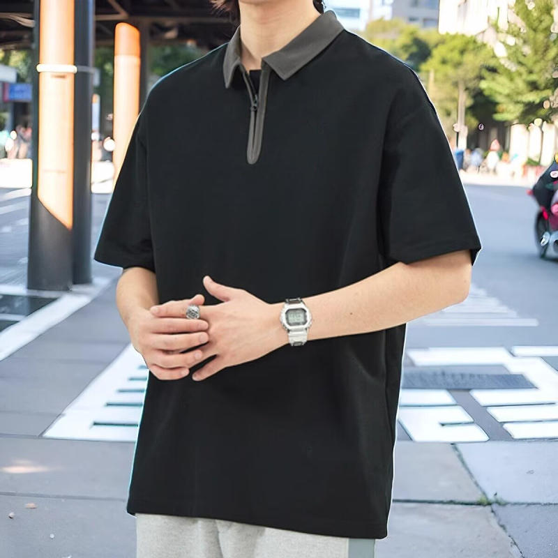 Férfi póló fél cipzárral, színblokkokkal, japán minimalist stílus, rövid ujjú, nyár, laza szabás, nagy méret, mindennapi top