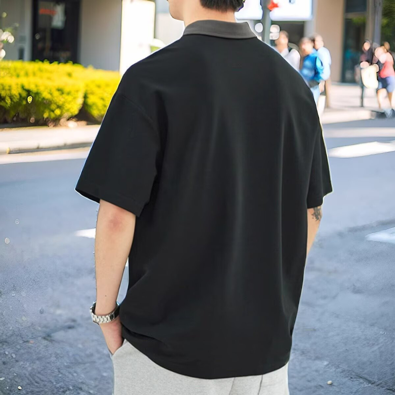Férfi póló fél cipzárral, színblokkokkal, japán minimalist stílus, rövid ujjú, nyár, laza szabás, nagy méret, mindennapi top