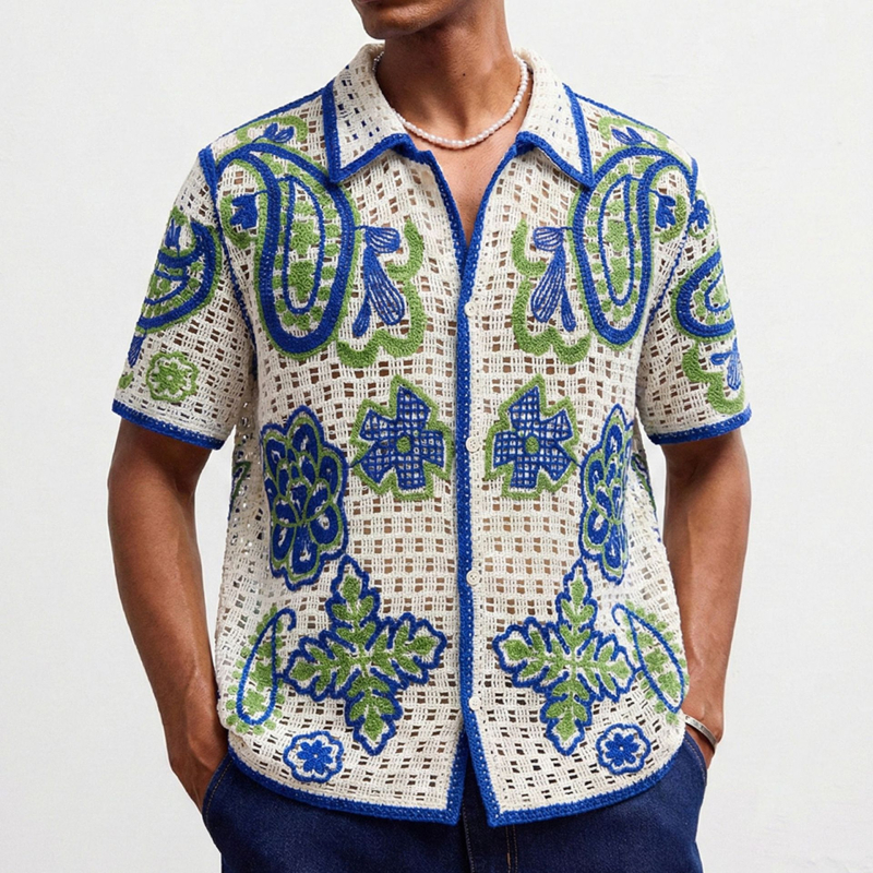 Férfi hawaii-stílusú áttört jacquard kötött kardigán polo SY0106