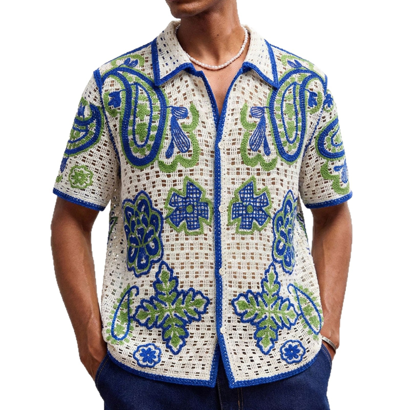 Férfi hawaii-stílusú áttört jacquard kötött kardigán polo SY0106