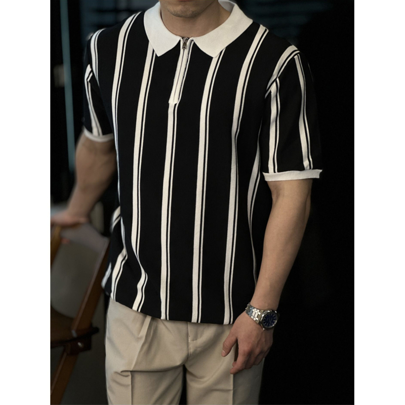 Férfi nyári ice-silk polo rövid ujjú, színblokkokkal, fél cipzárral, légáteresztő és nedvességelvezető