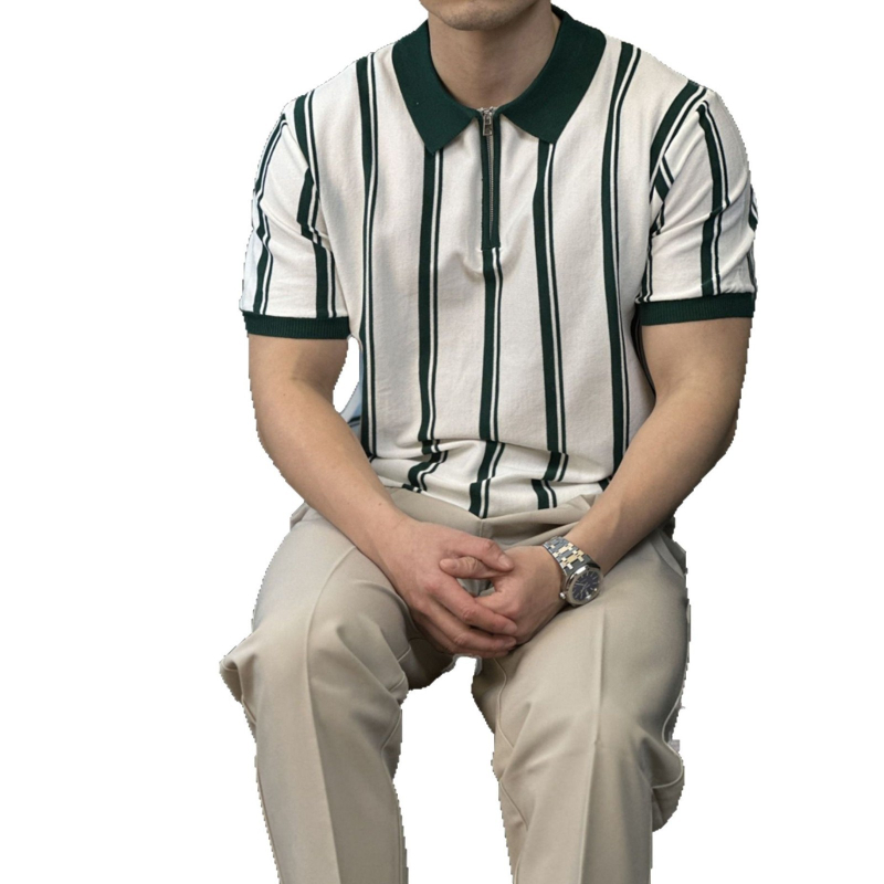 Férfi nyári ice-silk polo rövid ujjú, színblokkokkal, fél cipzárral, légáteresztő és nedvességelvezető