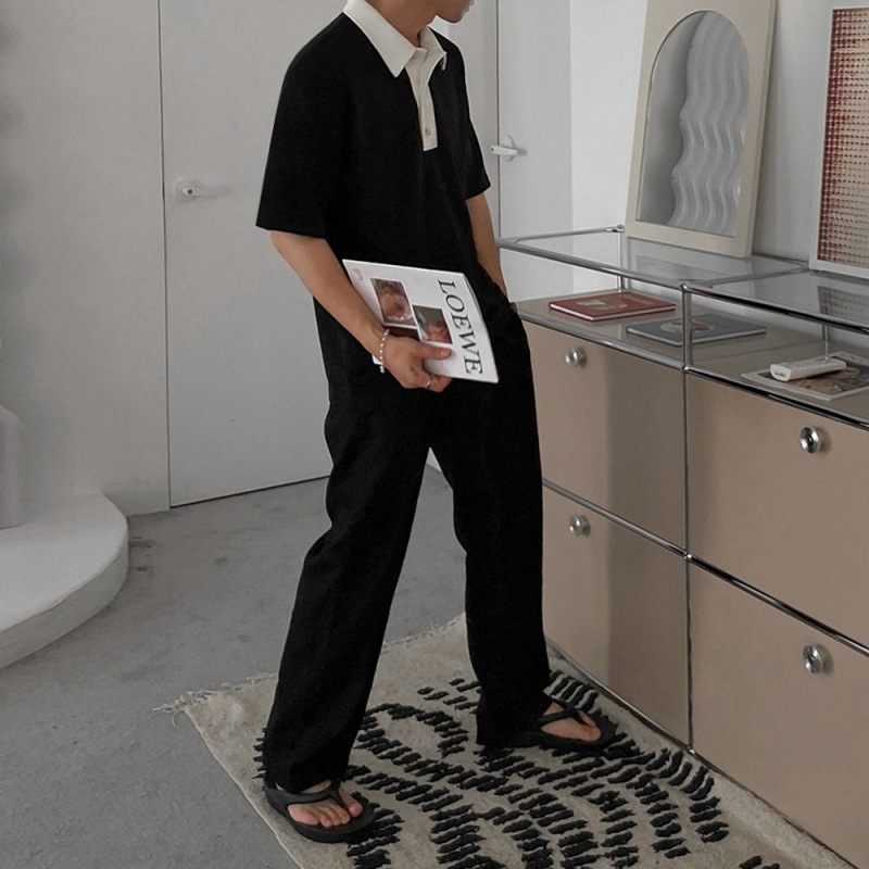 BJ kontrasztos színű polo ing, férfi, rövid ujjú, laza szabás, polo gallér, koreai/japán stílus