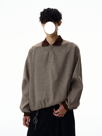 Férfi Cleanfit houndstooth polo, hosszú ujjú, kiváló minőség, tavasz-ősz retro gallérral